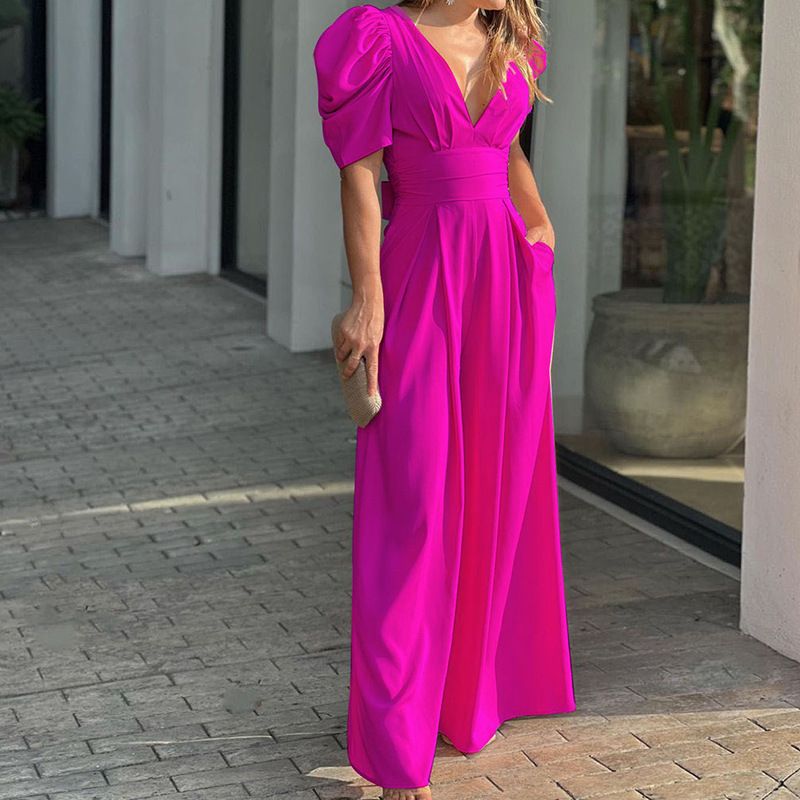 Summer Women's Jumpsuit Solid Color Puff Short Sleeves Deep V-neck Backless High Waist Wide Leg Pants Jumpsuit