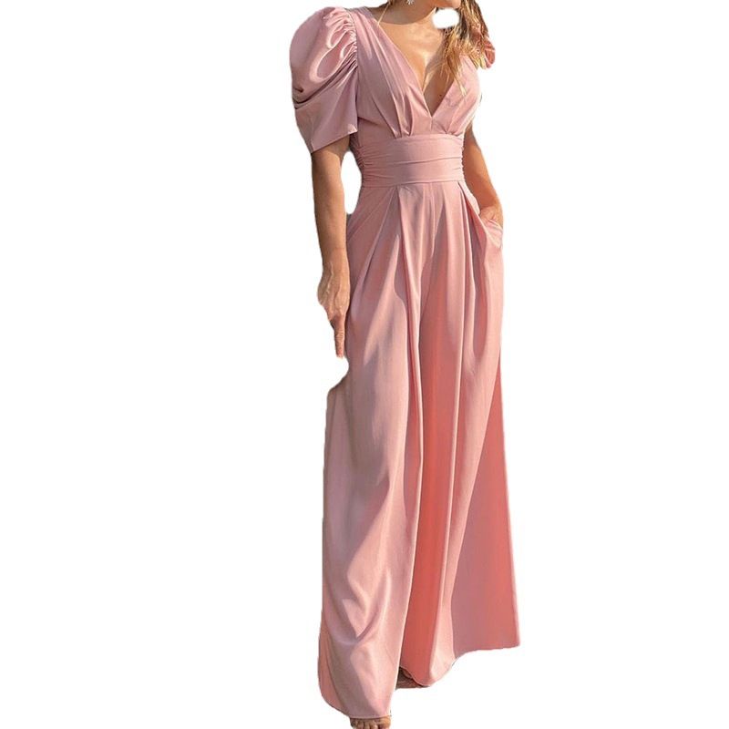 Summer Women's Jumpsuit Solid Color Puff Short Sleeves Deep V-neck Backless High Waist Wide Leg Pants Jumpsuit