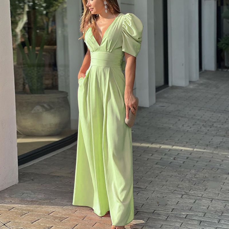 Summer Women's Jumpsuit Solid Color Puff Short Sleeves Deep V-neck Backless High Waist Wide Leg Pants Jumpsuit