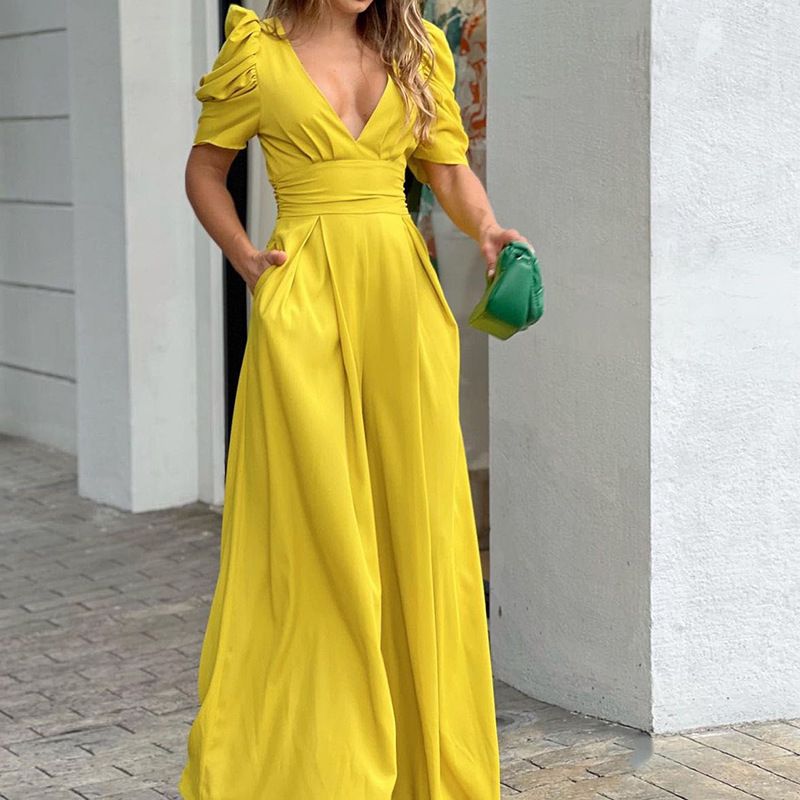 Summer Women's Jumpsuit Solid Color Puff Short Sleeves Deep V-neck Backless High Waist Wide Leg Pants Jumpsuit