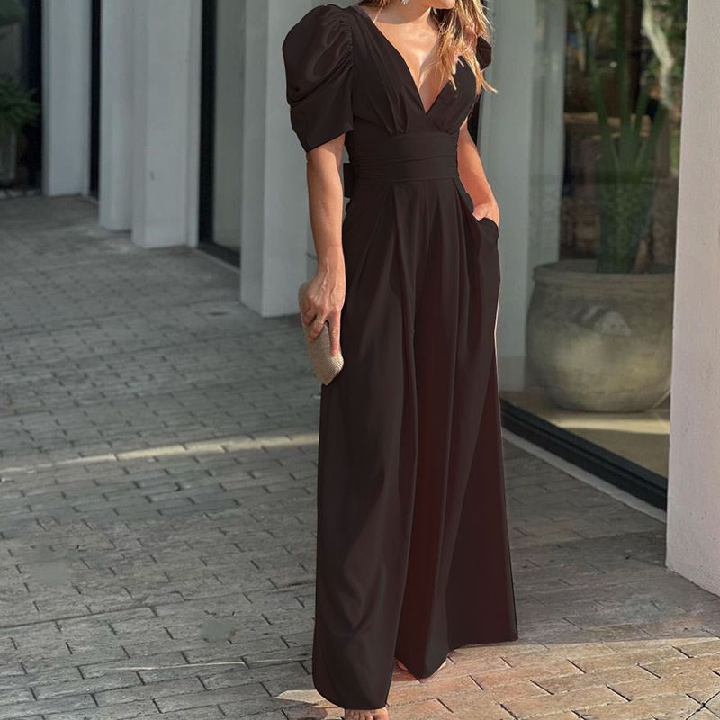 Summer Women's Jumpsuit Solid Color Puff Short Sleeves Deep V-neck Backless High Waist Wide Leg Pants Jumpsuit