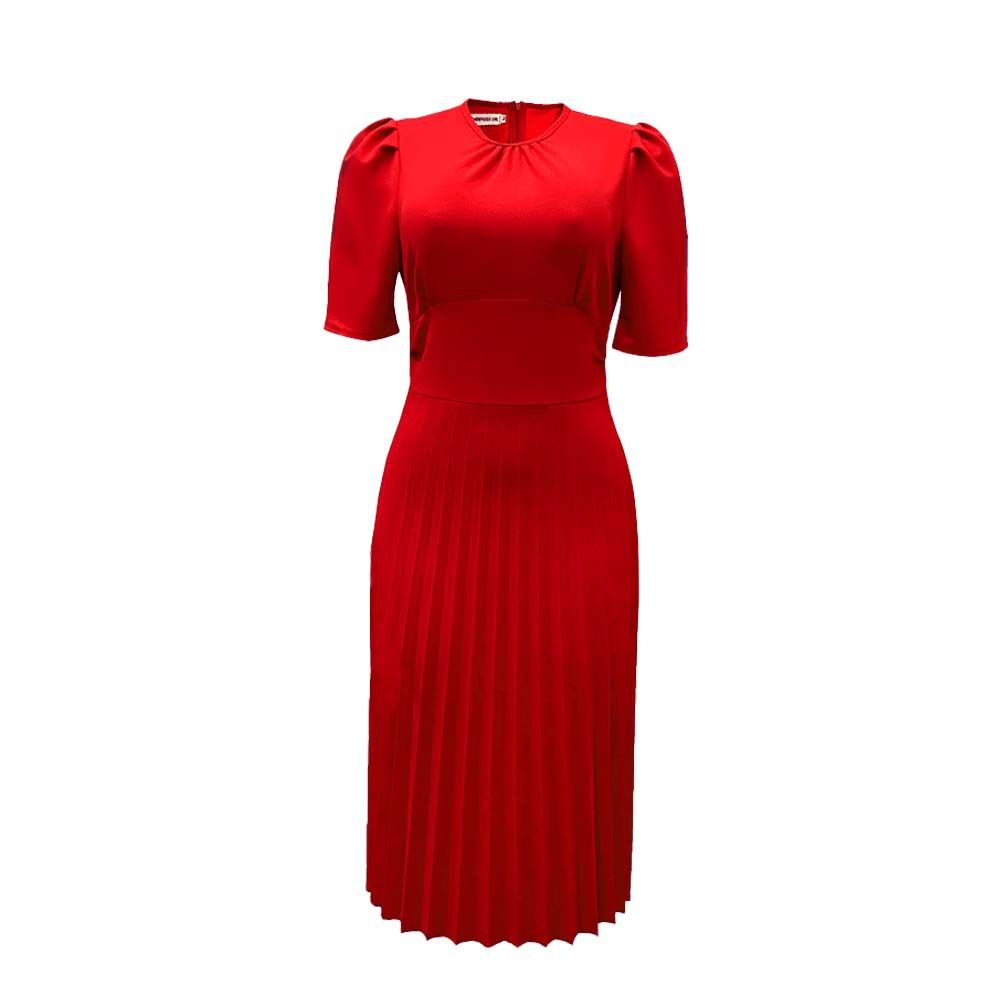 WomenElegant Solid Pleated Dress  Summer Casual round-Neck Short Sleeve Office Midi Dress