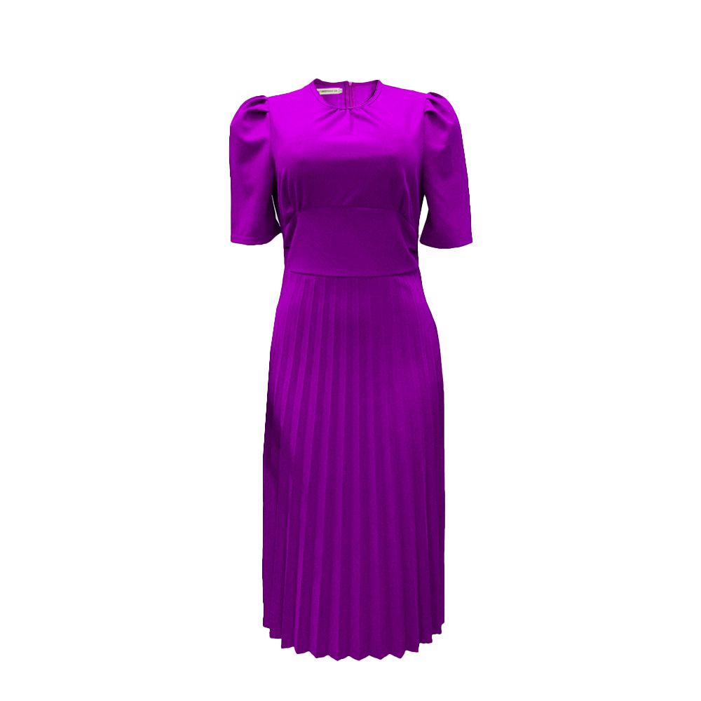 WomenElegant Solid Pleated Dress  Summer Casual round-Neck Short Sleeve Office Midi Dress