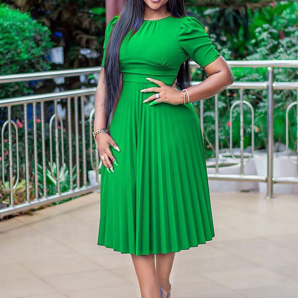 WomenElegant Solid Pleated Dress  Summer Casual round-Neck Short Sleeve Office Midi Dress