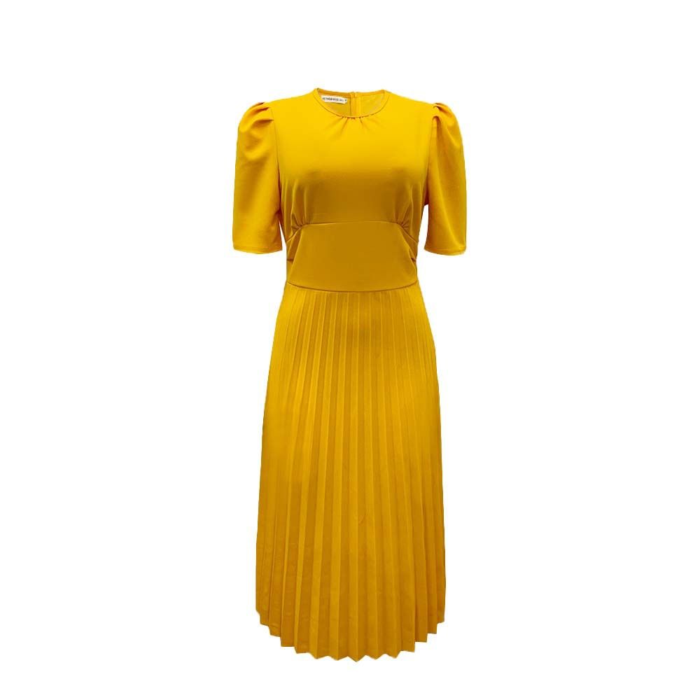 WomenElegant Solid Pleated Dress  Summer Casual round-Neck Short Sleeve Office Midi Dress
