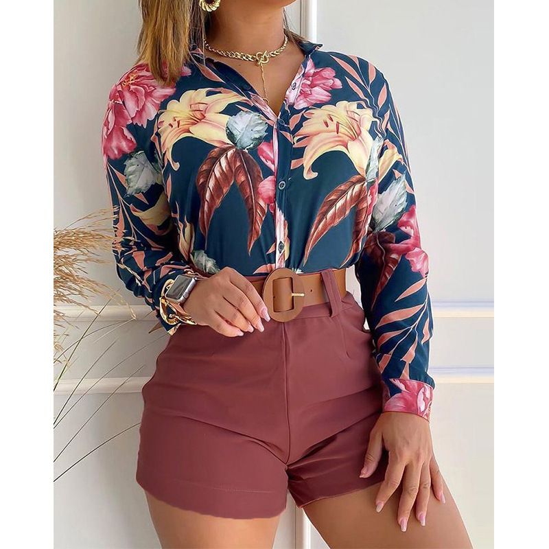 Fashion Printed Lace-up Long-sleeved Shirt + Waist-hugging Shorts Suit For Women Summer Retro Button-up Shirt Shorts Suit