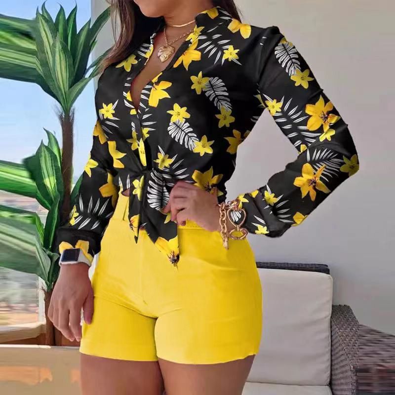 Fashion Printed Lace-up Long-sleeved Shirt + Waist-hugging Shorts Suit For Women Summer Retro Button-up Shirt Shorts Suit