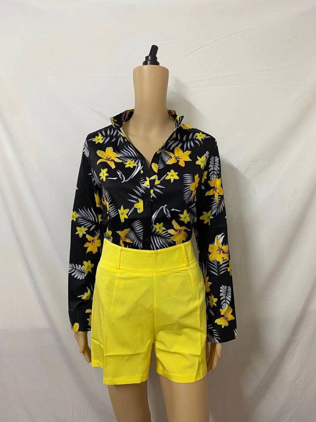 Fashion Printed Lace-up Long-sleeved Shirt + Waist-hugging Shorts Suit For Women Summer Retro Button-up Shirt Shorts Suit