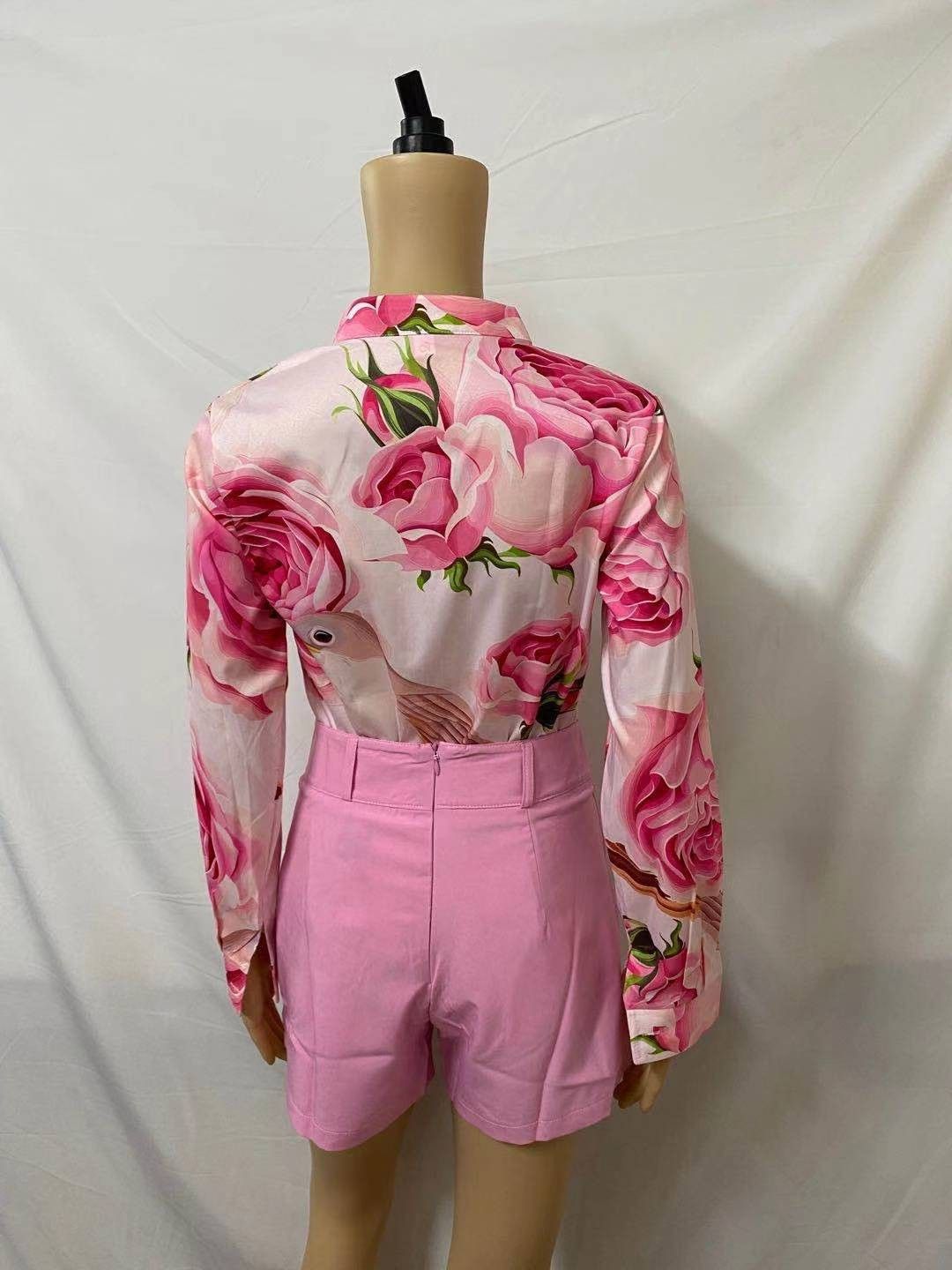 Fashion Printed Lace-up Long-sleeved Shirt + Waist-hugging Shorts Suit For Women Summer Retro Button-up Shirt Shorts Suit