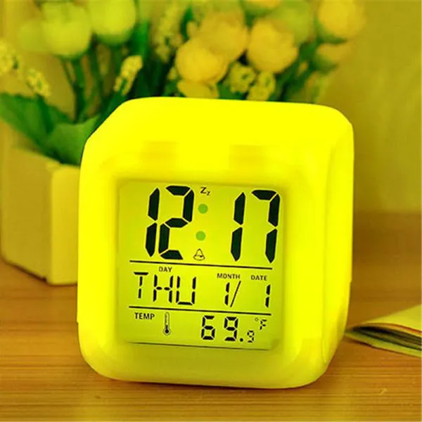 LED Alarm Colock 7 Colors Changing Digital Desk Gadget Digital Alarm Thermometer Night Glowing Cube led Clock Home