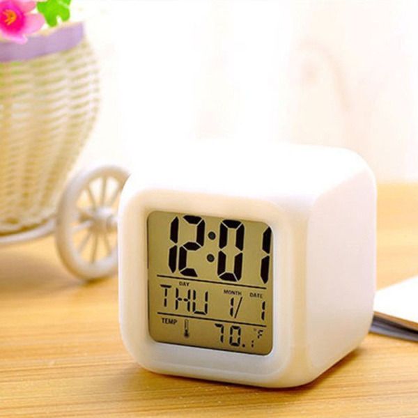 LED Alarm Colock 7 Colors Changing Digital Desk Gadget Digital Alarm Thermometer Night Glowing Cube led Clock Home