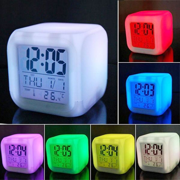 LED Alarm Colock 7 Colors Changing Digital Desk Gadget Digital Alarm Thermometer Night Glowing Cube led Clock Home