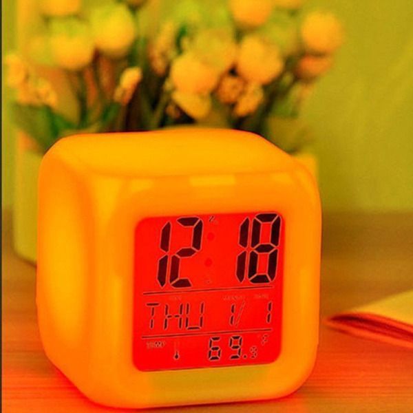 LED Alarm Colock 7 Colors Changing Digital Desk Gadget Digital Alarm Thermometer Night Glowing Cube led Clock Home