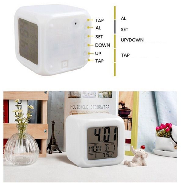 LED Alarm Colock 7 Colors Changing Digital Desk Gadget Digital Alarm Thermometer Night Glowing Cube led Clock Home