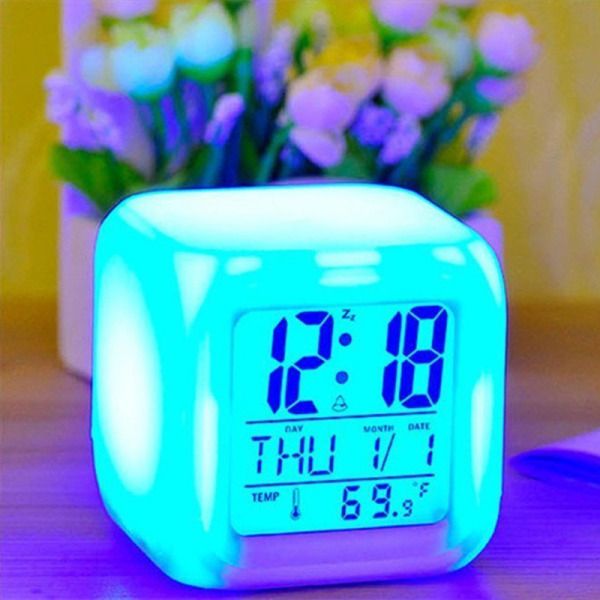 LED Alarm Colock 7 Colors Changing Digital Desk Gadget Digital Alarm Thermometer Night Glowing Cube led Clock Home