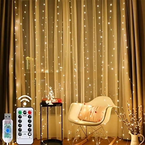 1pc Curtain Light 300 LEDs Window String Light Christmas Wedding Party Decorations3*3m