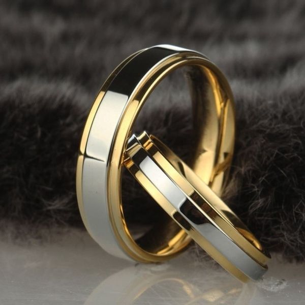 4MM New Fashion Simple Design Titanium Steel Mens Rings Lover Couple Rings Alliance Gold Wedding Band Rings Set for Women Men
