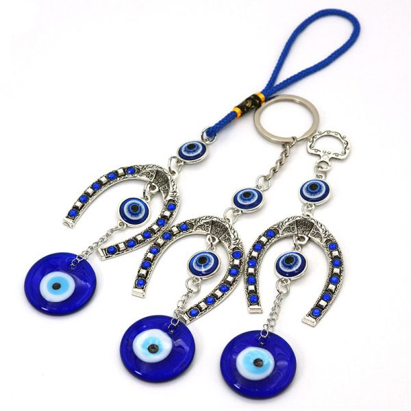 Horseshoe Blue Devil Eye Car Pendant Keychain Turkish Charm Wall Hanging Decor Amulet Lucky Blue Eye Bead Jewelry Accessories