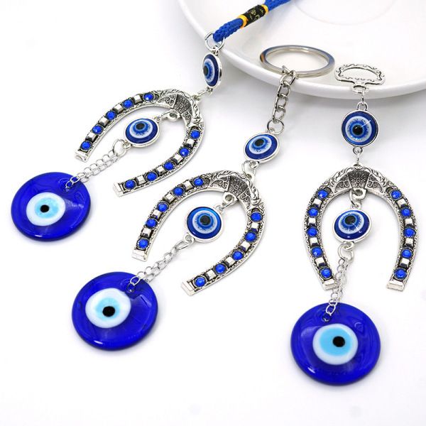 Horseshoe Blue Devil Eye Car Pendant Keychain Turkish Charm Wall Hanging Decor Amulet Lucky Blue Eye Bead Jewelry Accessories