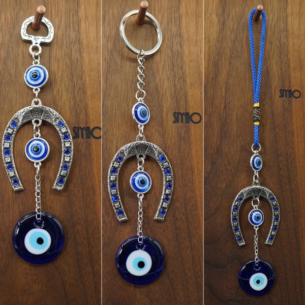 Horseshoe Blue Devil Eye Car Pendant Keychain Turkish Charm Wall Hanging Decor Amulet Lucky Blue Eye Bead Jewelry Accessories
