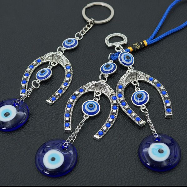 Horseshoe Blue Devil Eye Car Pendant Keychain Turkish Charm Wall Hanging Decor Amulet Lucky Blue Eye Bead Jewelry Accessories