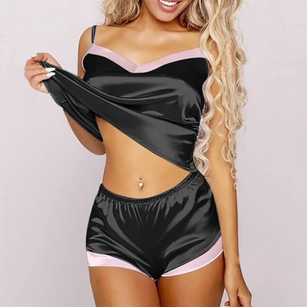 Women Sexy Soft Silk Satin Slings Pajamas Sets 2024 Summer New Sleepwear Suspenders Shorts Sets Imitation Loungewear 2 Piece Set