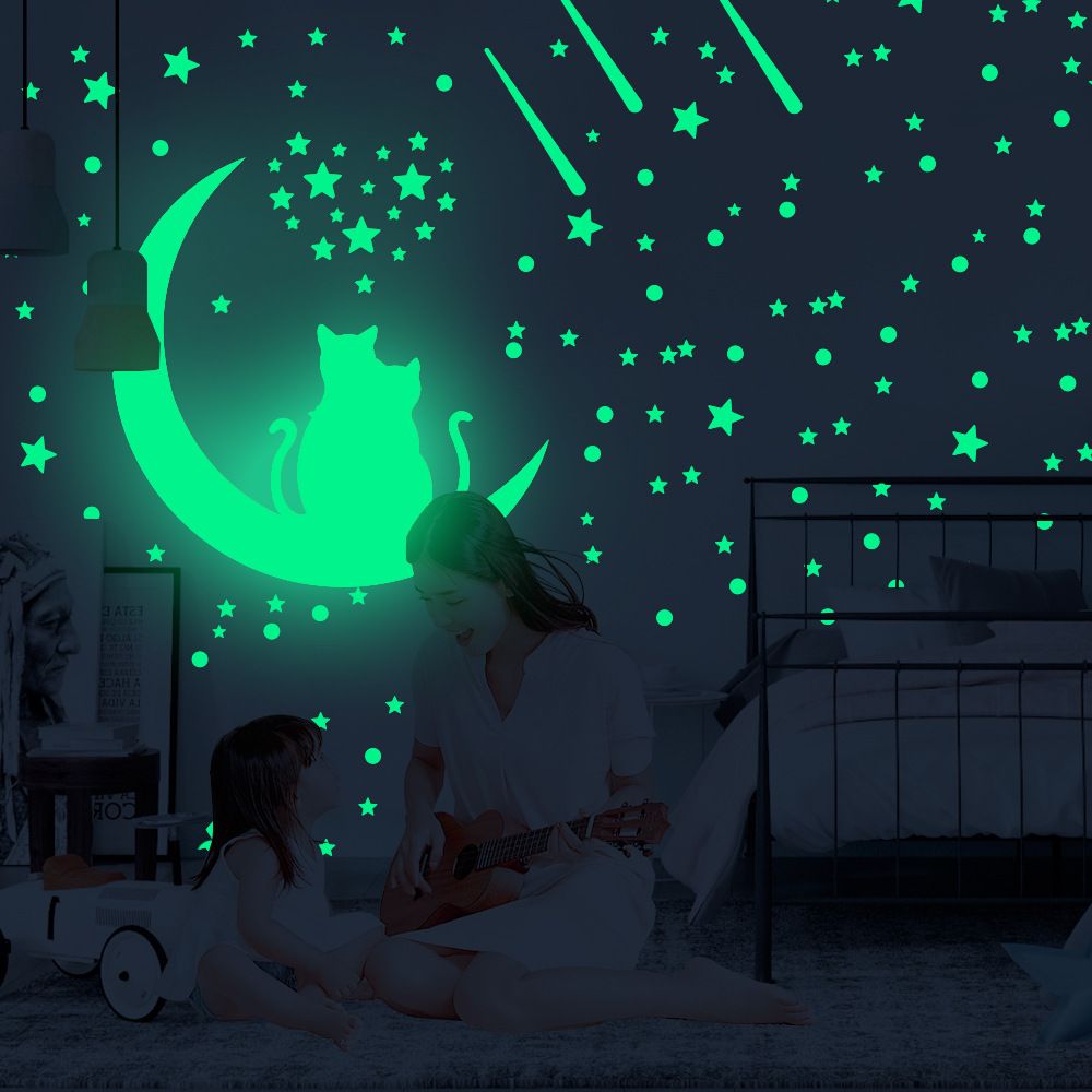 Couple Cat Night Light Sticker Moon Star Meteor Fluorescent Stickers Valentine's Day Self Adhesive Cartoon Night Light Wall Stickers