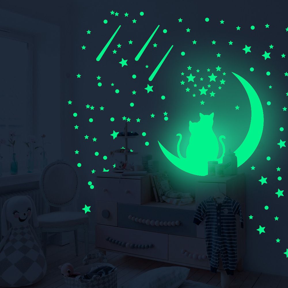 Couple Cat Night Light Sticker Moon Star Meteor Fluorescent Stickers Valentine's Day Self Adhesive Cartoon Night Light Wall Stickers