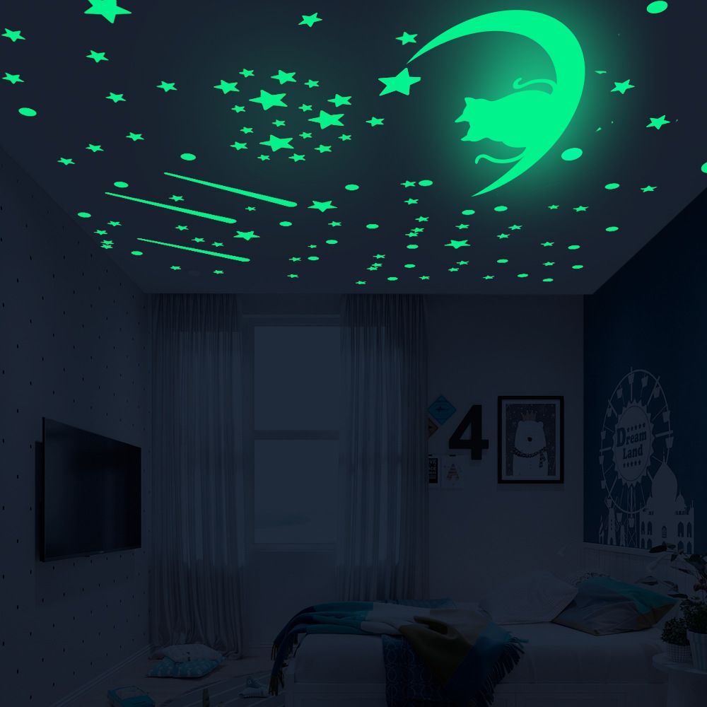 Couple Cat Night Light Sticker Moon Star Meteor Fluorescent Stickers Valentine's Day Self Adhesive Cartoon Night Light Wall Stickers
