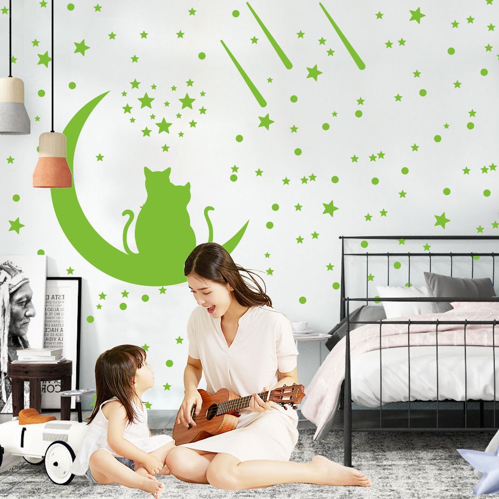 Couple Cat Night Light Sticker Moon Star Meteor Fluorescent Stickers Valentine's Day Self Adhesive Cartoon Night Light Wall Stickers