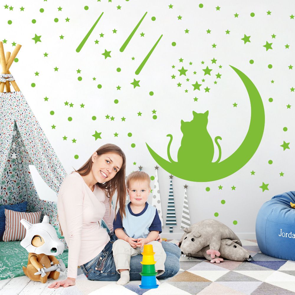 Couple Cat Night Light Sticker Moon Star Meteor Fluorescent Stickers Valentine's Day Self Adhesive Cartoon Night Light Wall Stickers