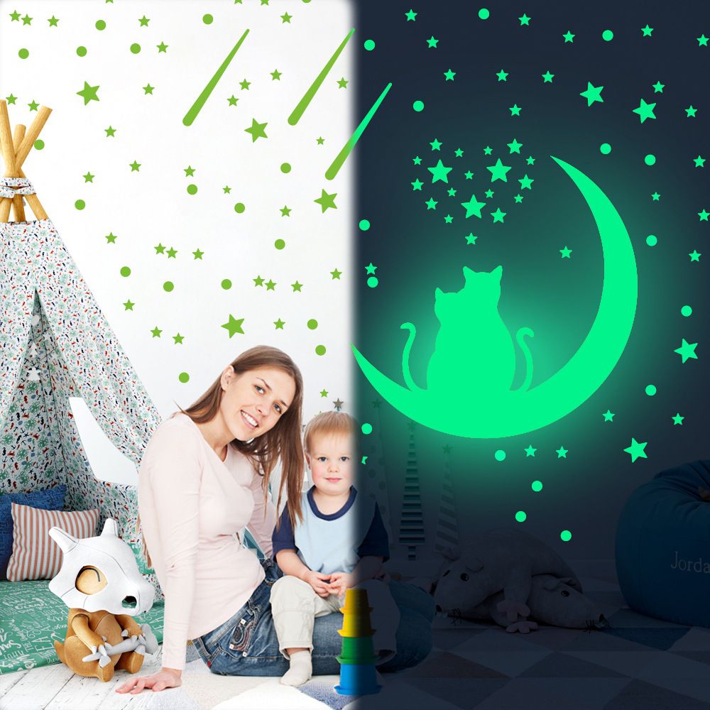 Couple Cat Night Light Sticker Moon Star Meteor Fluorescent Stickers Valentine's Day Self Adhesive Cartoon Night Light Wall Stickers