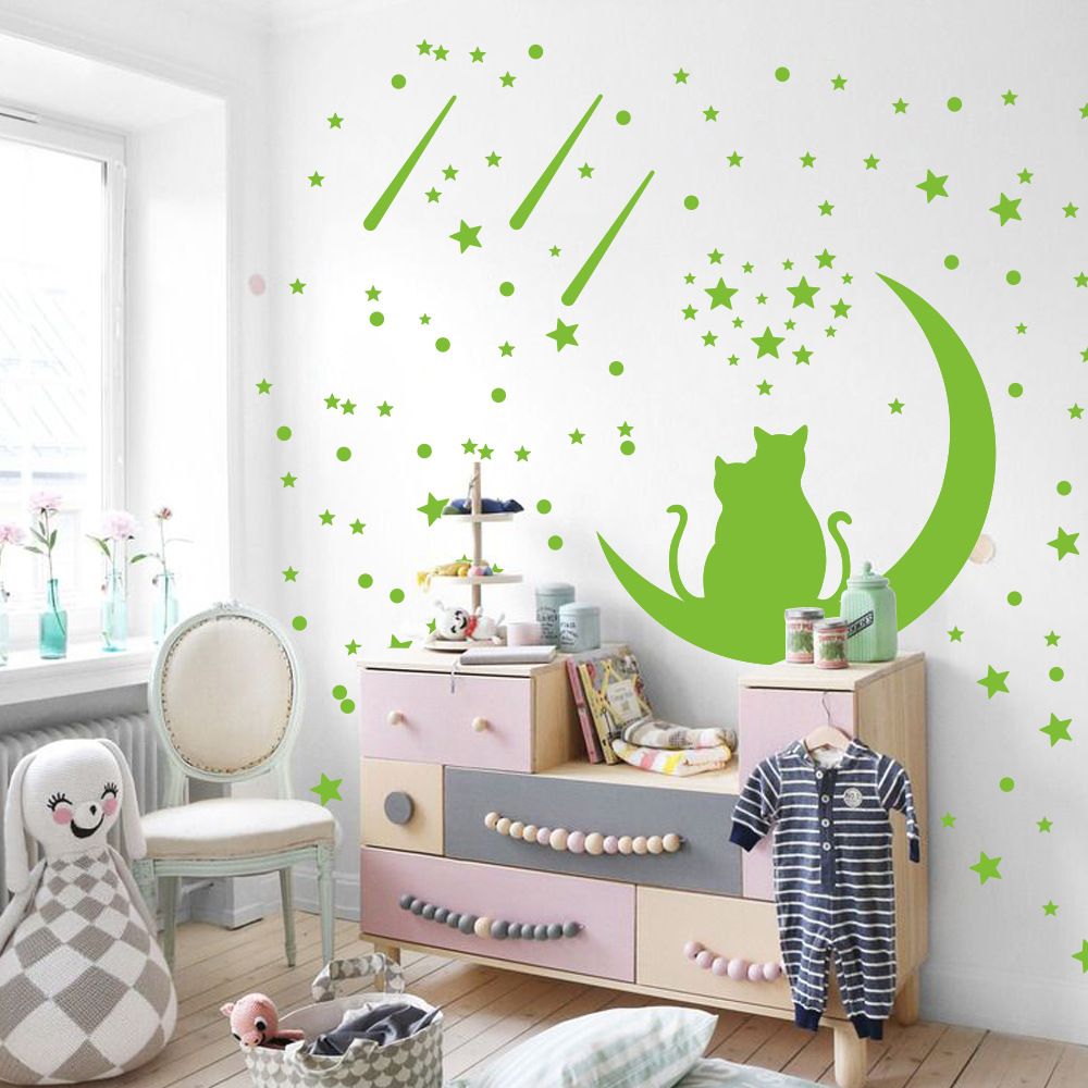 Couple Cat Night Light Sticker Moon Star Meteor Fluorescent Stickers Valentine's Day Self Adhesive Cartoon Night Light Wall Stickers