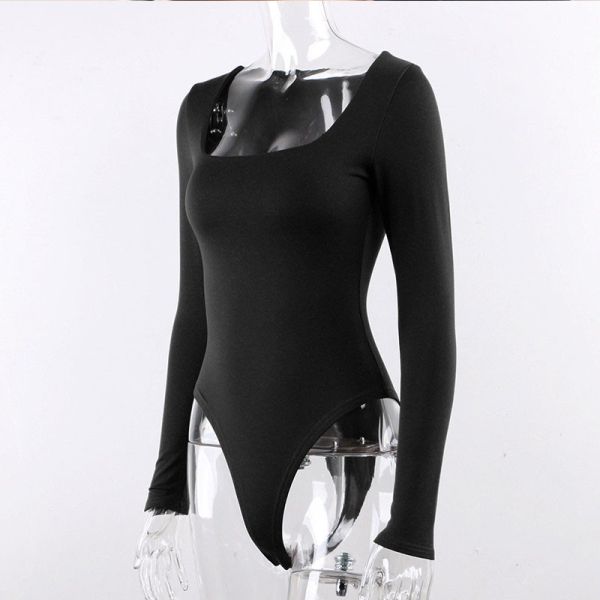 Women Bodysuit Long Sleeve Body streetwear Sexy Bodycon Square Neck Sheath Crotch Basic Black Overalls Top Casual suits Rompers