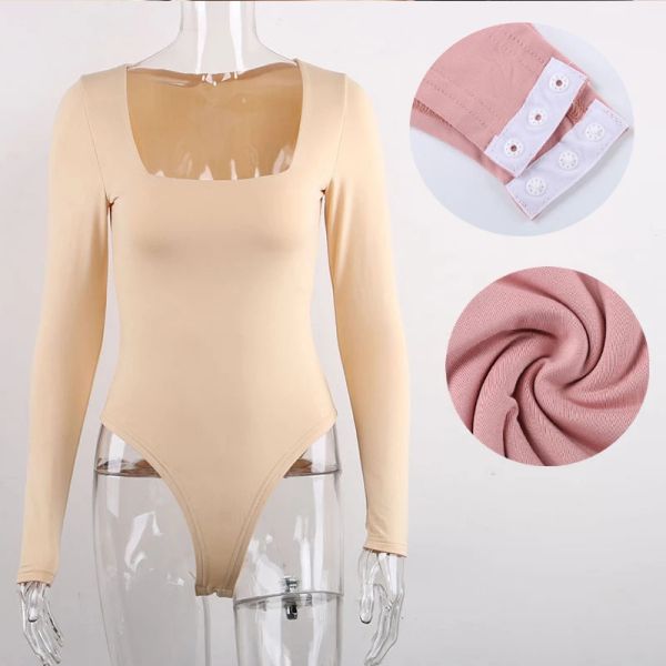 Women Bodysuit Long Sleeve Body streetwear Sexy Bodycon Square Neck Sheath Crotch Basic Black Overalls Top Casual suits Rompers