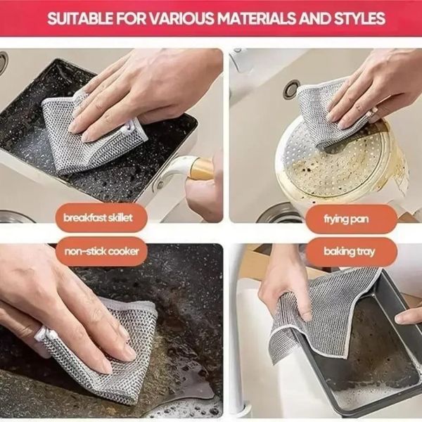 10pcs Steel Wire Cleaning Cloths Double Sided Non-stick Oil Washing Pan Pot Rags Kitchen Dishes Coffee Stain Grid Dish Cloth