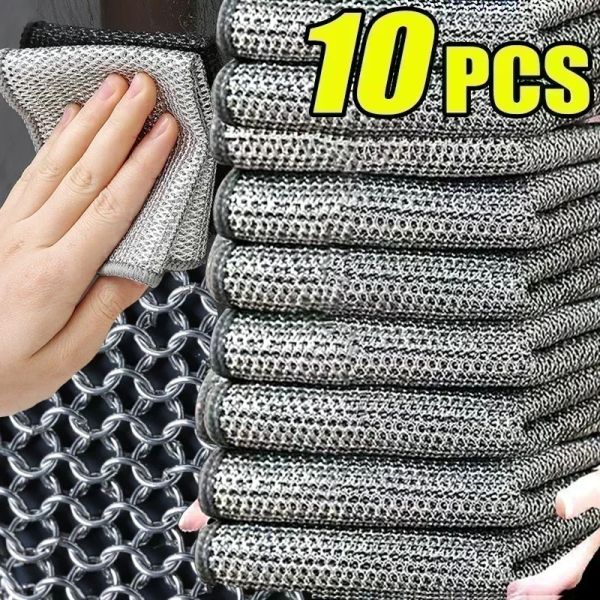 10pcs Steel Wire Cleaning Cloths Double Sided Non-stick Oil Washing Pan Pot Rags Kitchen Dishes Coffee Stain Grid Dish Cloth