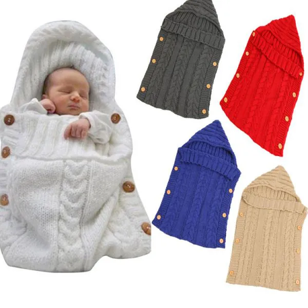 Baby Infant Swaddle Wrap Warm Wool Blends Crochet Knitted Hoodie Wrap Blanket Sleeping Bag