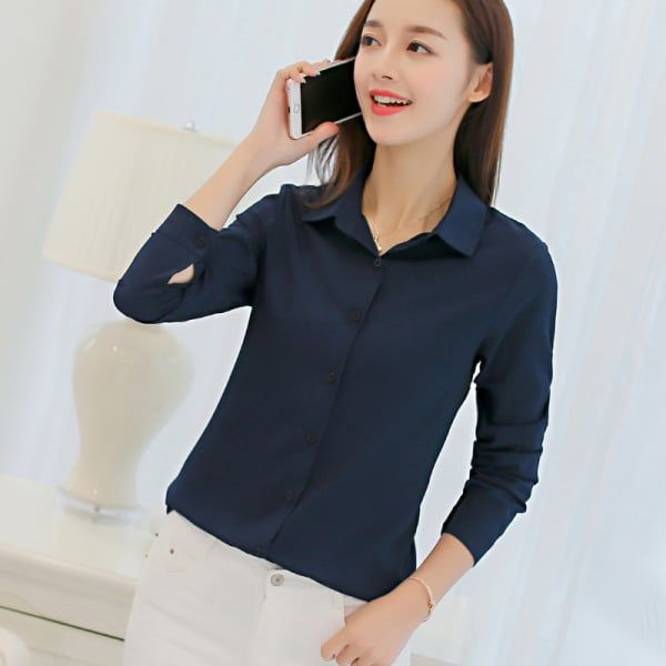 Women White Blouse Fashion Casual Slim Elegant Office Long-sleeve Chiffon Shirt