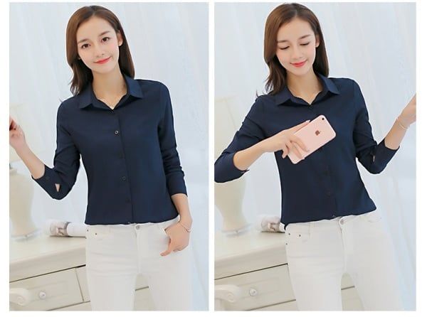 Women White Blouse Fashion Casual Slim Elegant Office Long-sleeve Chiffon Shirt