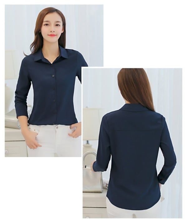 Women White Blouse Fashion Casual Slim Elegant Office Long-sleeve Chiffon Shirt