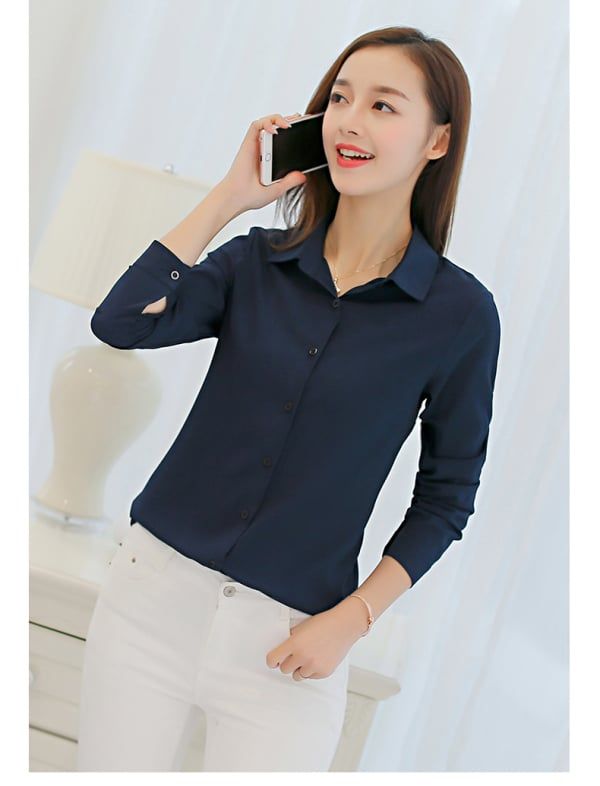 Women White Blouse Fashion Casual Slim Elegant Office Long-sleeve Chiffon Shirt