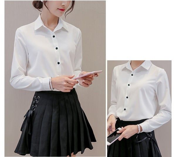 Women White Blouse Fashion Casual Slim Elegant Office Long-sleeve Chiffon Shirt