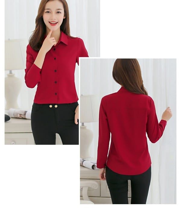 Women White Blouse Fashion Casual Slim Elegant Office Long-sleeve Chiffon Shirt