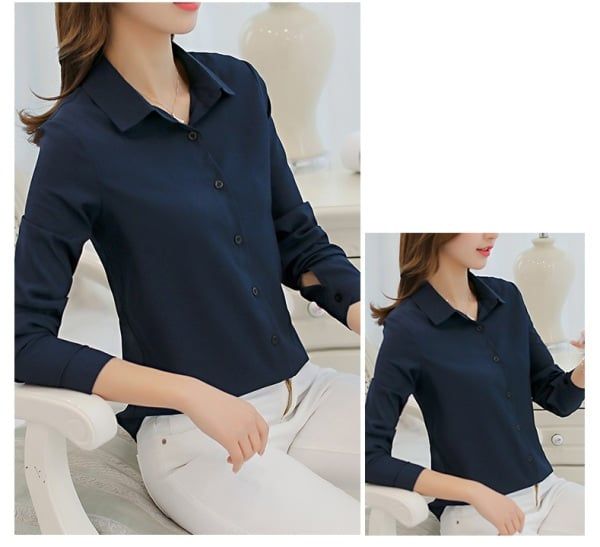Women White Blouse Fashion Casual Slim Elegant Office Long-sleeve Chiffon Shirt