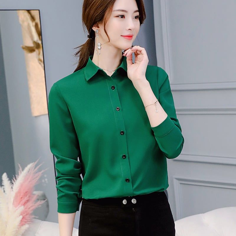 Women White Blouse Fashion Casual Slim Elegant Office Long-sleeve Chiffon Shirt