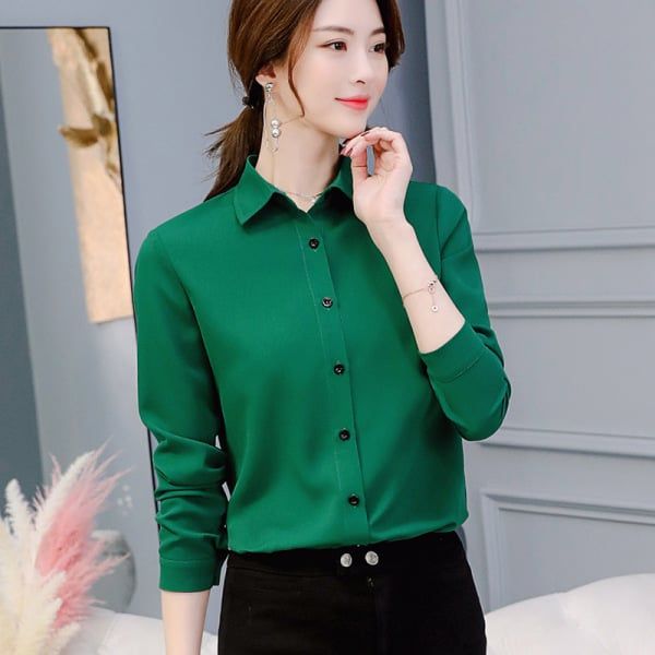 Women White Blouse Fashion Casual Slim Elegant Office Long-sleeve Chiffon Shirt