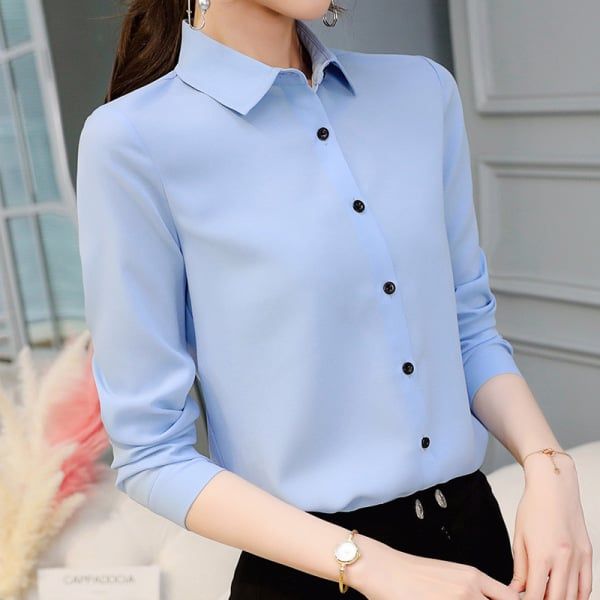Women White Blouse Fashion Casual Slim Elegant Office Long-sleeve Chiffon Shirt