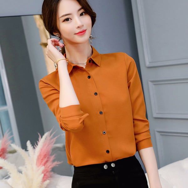 Women White Blouse Fashion Casual Slim Elegant Office Long-sleeve Chiffon Shirt