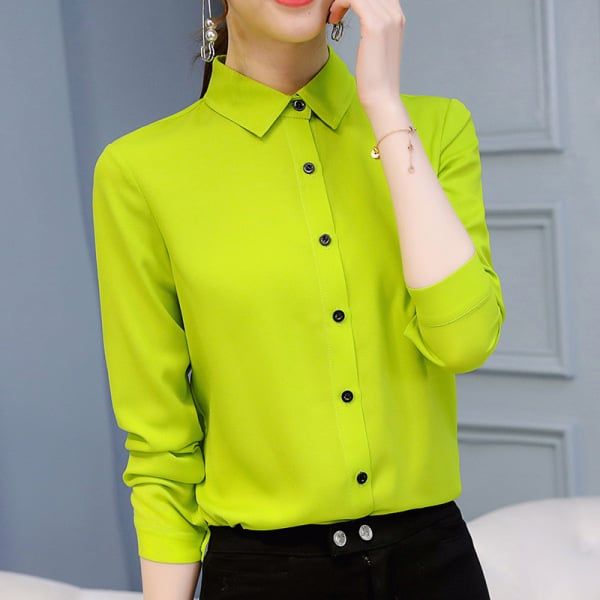 Women White Blouse Fashion Casual Slim Elegant Office Long-sleeve Chiffon Shirt